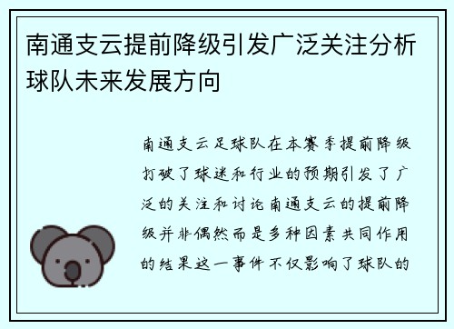 南通支云提前降级引发广泛关注分析球队未来发展方向 南通支云提前降级引发广泛关注分析球队未来发展方向