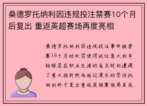 桑德罗托纳利因违规投注禁赛10个月后复出 重返英超赛场再度亮相